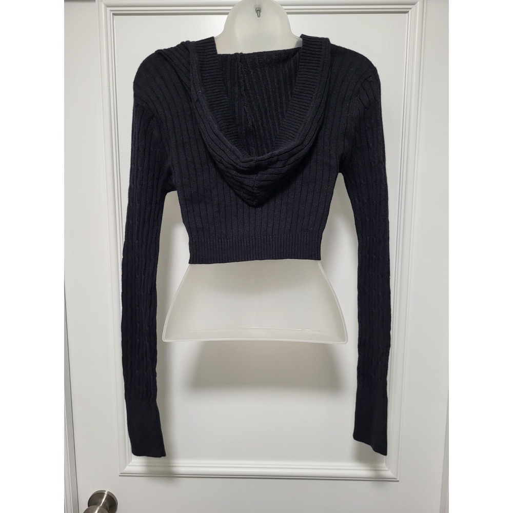 Y2K Wet Seal Black Lightweight Hooded Fitted Crop Sweater Sz M - Picture 4 of 6